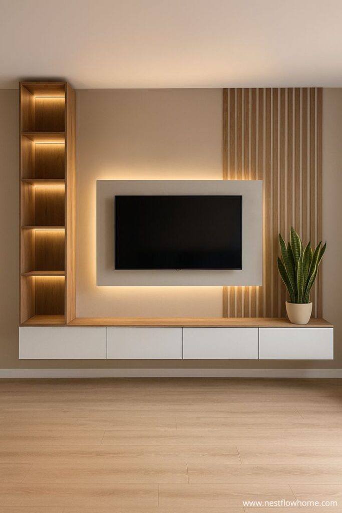 Modern home interior design with stylish TV wall unit, wooden paneling, and soft ambient lighting.