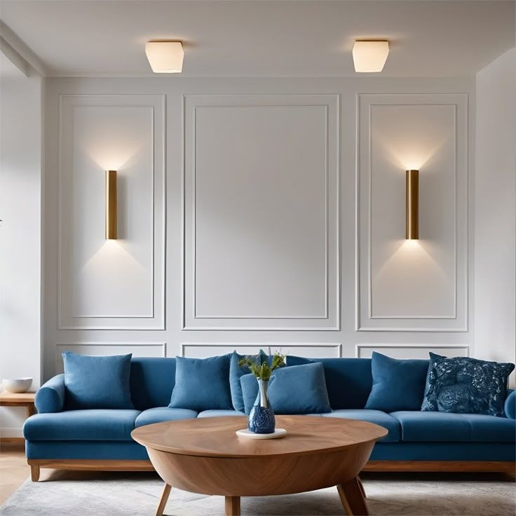 Modern home interior design with blue sofa, wooden coffee table, and elegant wall lighting.